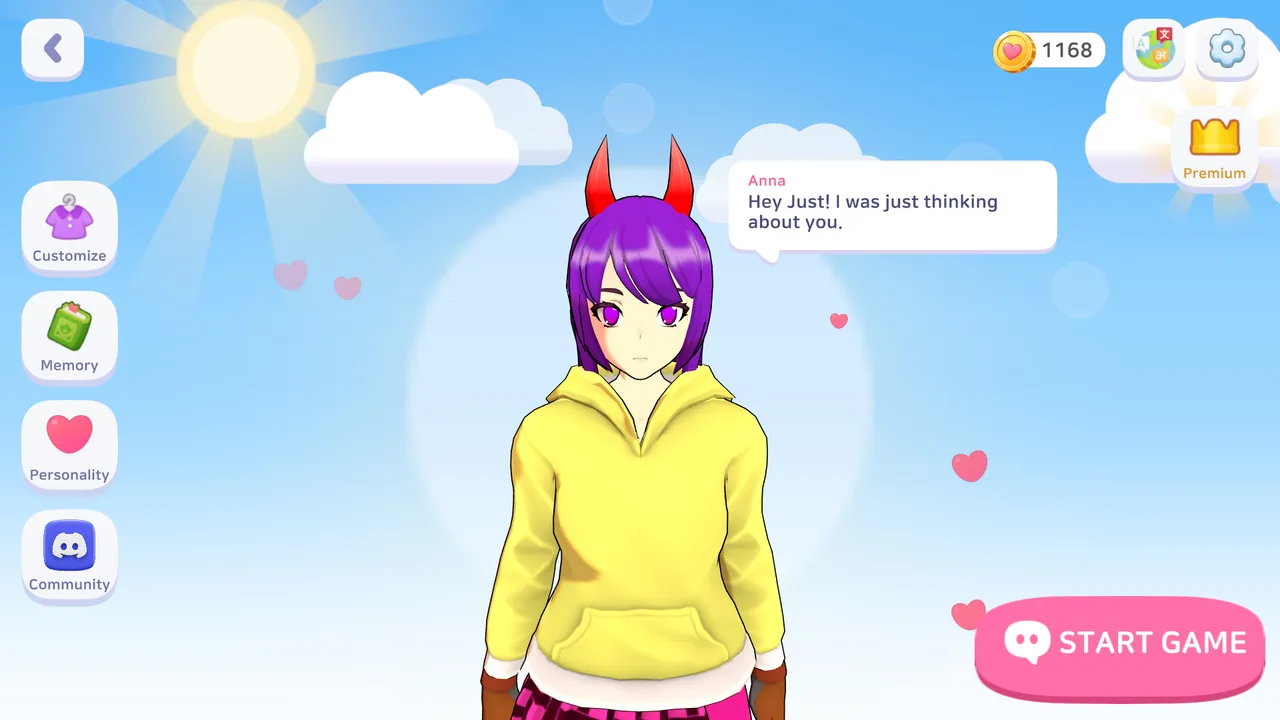 Girlfriend Simulator home screen: your 3D anime virtual girlfriend greets you with a chat bubble.