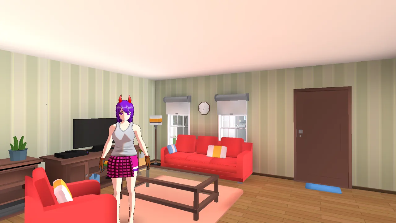 Your AI girlfriend standing in the living room of the explorable 3D house, next to a red sofa.