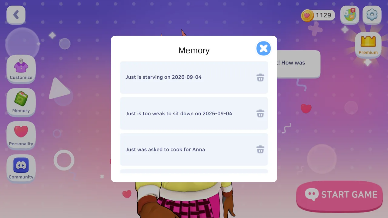 The Memory screen of the AI companion app, listing things she remembers about you, each with a delete button.