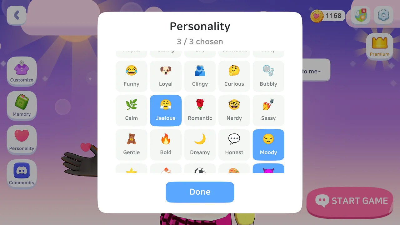 Personality picker for your AI girlfriend, with traits such as Funny, Loyal, Clingy, Jealous and Romantic.